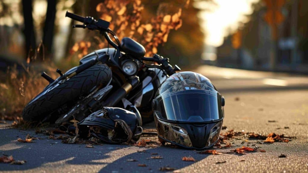 Motorcycle lying on its side on a road surrounded by autumn leaves, with two helmets placed nearby.