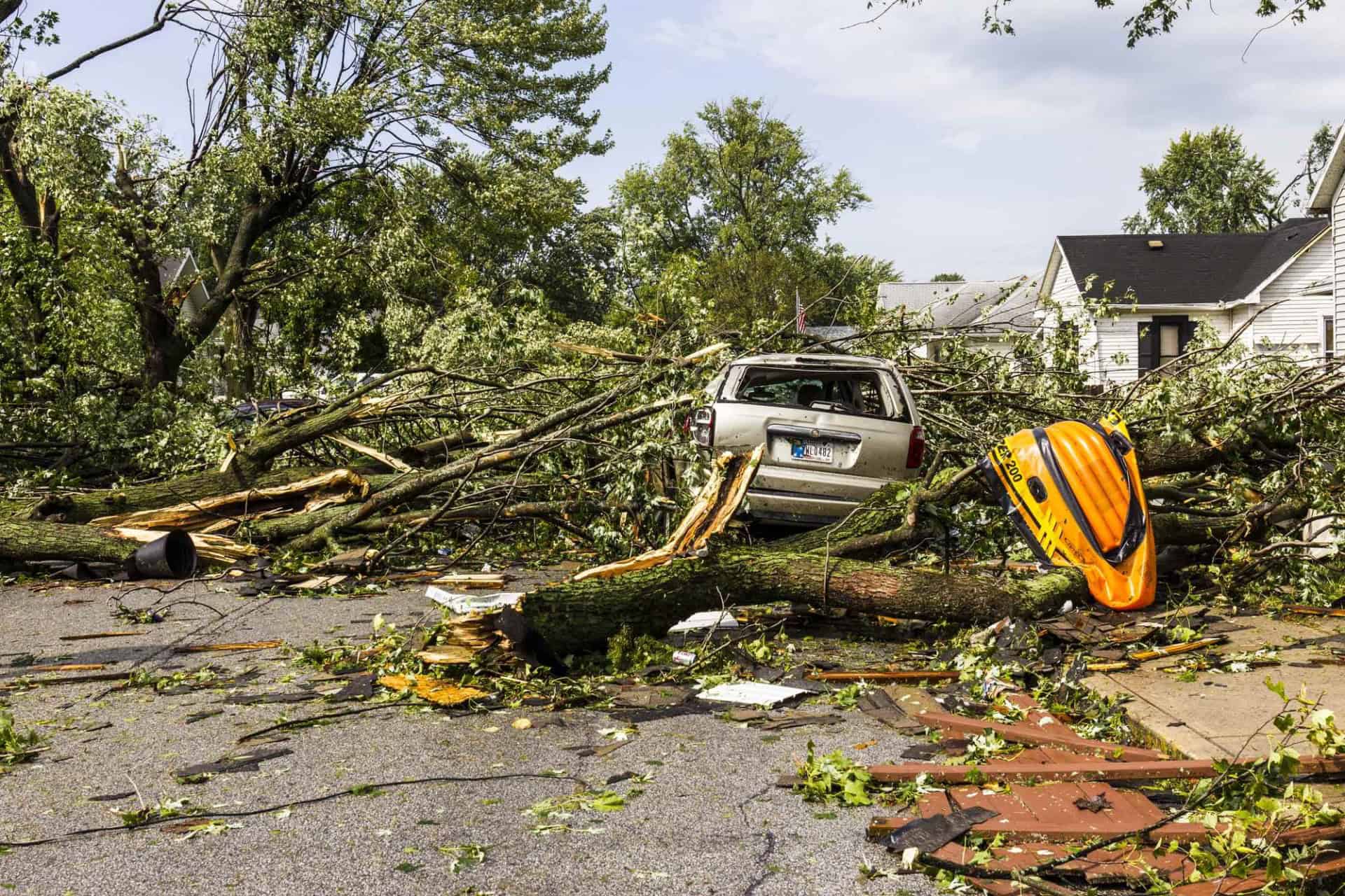 Fallen trees cover a car in the aftermath of a storm, with debris littering the street in a residential area. Amidst the chaos stands a damaged playground slide, while residents seek legal advice for recovery and repairs.