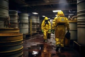 Two people in hazmat suits walk through a dimly lit industrial setting with barrels and wet floor, carrying containers, and visible radiation warning signs on their suits.