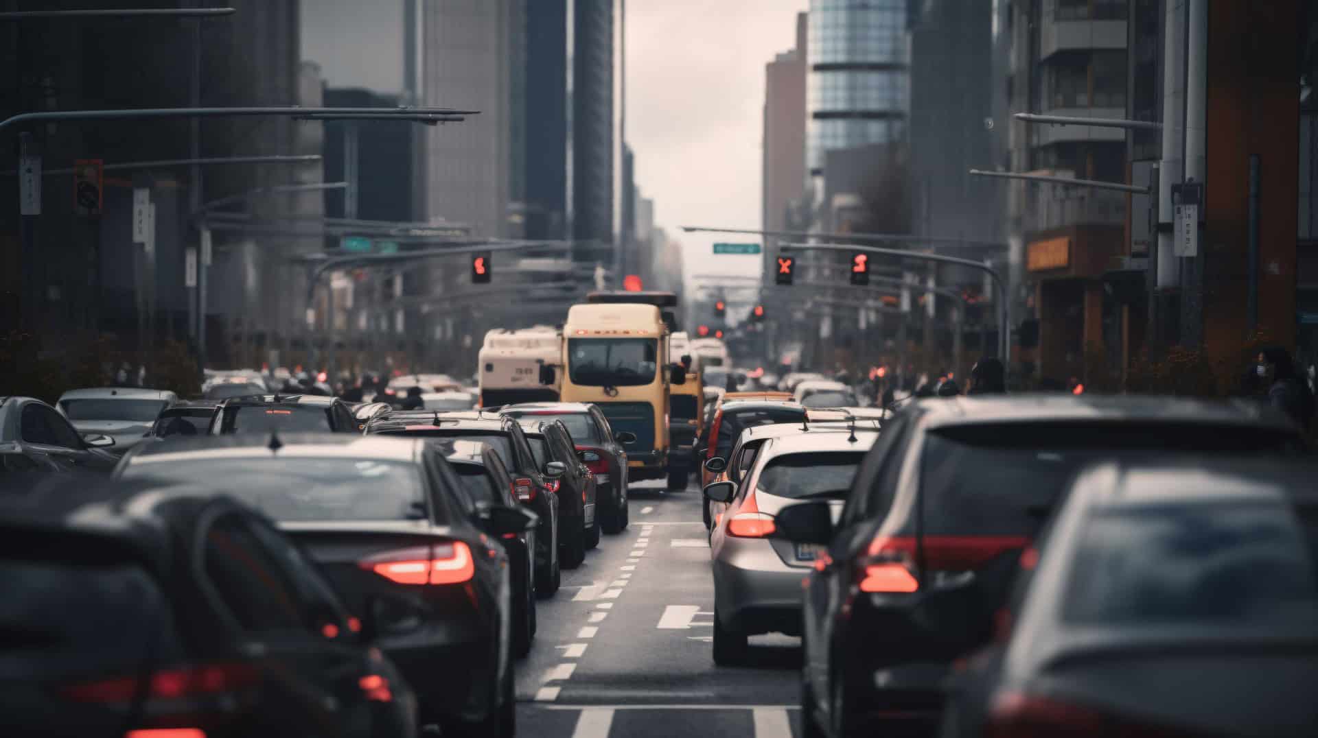 Traffic congestion on a city street with cars and buses halted at a red light among tall buildings on a cloudy day.