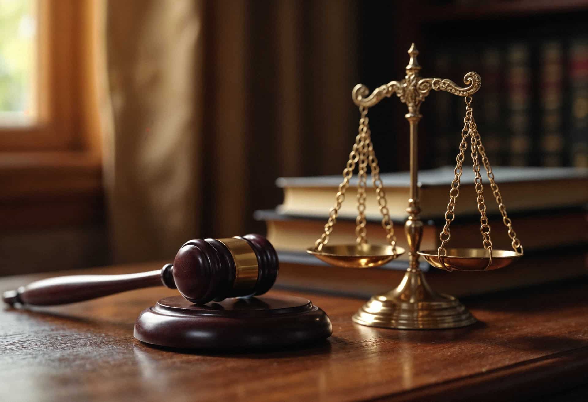 A judge's gavel and a brass balance scale sit on a wooden desk, with law books in the background.