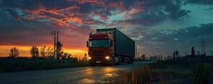 A truck drives down a wet road at dusk with a dramatic sunset sky in the background. Power lines and trees line the road.