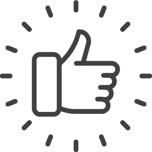 A simple line drawing of a thumbs-up hand gesture with rays emanating from it, symbolizing approval or positive feedback.