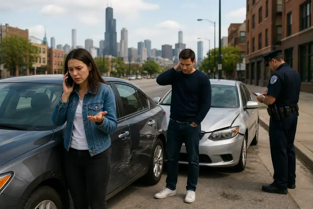 Driver calling insurance after being hit by an uninsured driver in Illinois with police at accident scene