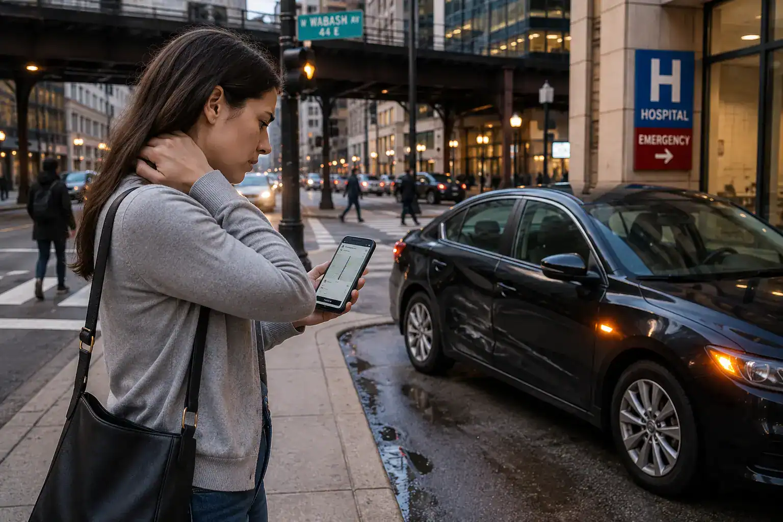 Concerned rideshare passenger checking trip details after an Uber or Lyft accident on a Chicago street near a hospital.