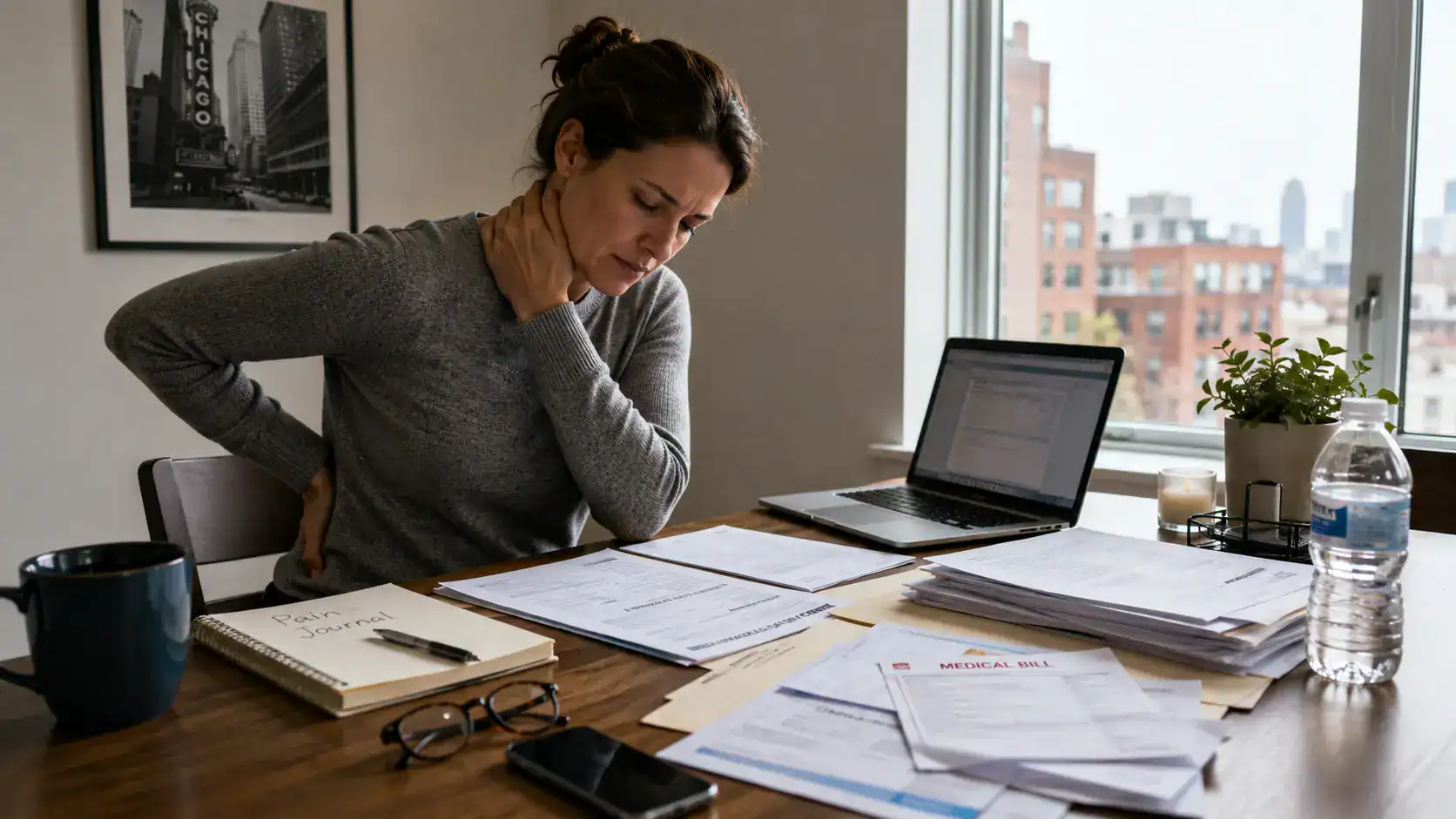 Injured Illinois accident victim reviewing medical bills and pain journal notes for a personal injury settlement claim.