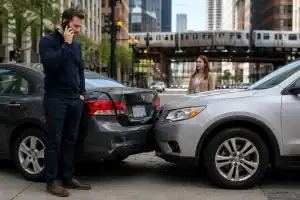 Driver calling after a minor rear-end car accident on a downtown Chicago street