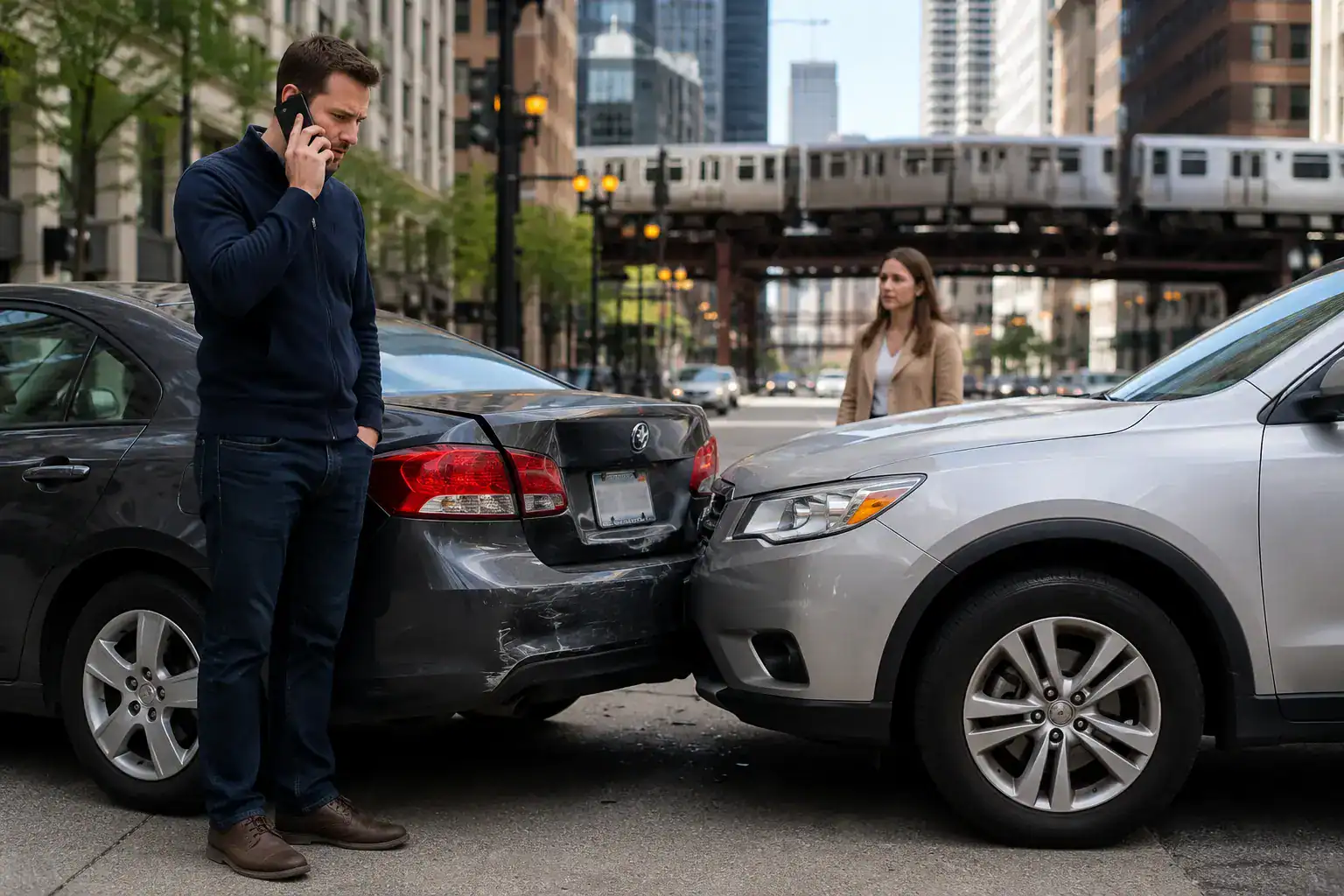 Driver calling after a minor rear-end car accident on a downtown Chicago street