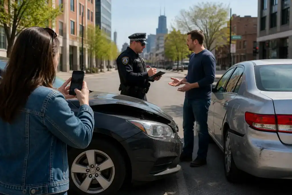 Driver documenting vehicle damage after a minor Illinois accident involving disputed fault.