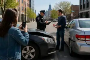 Driver documenting vehicle damage after a minor Illinois accident involving disputed fault.