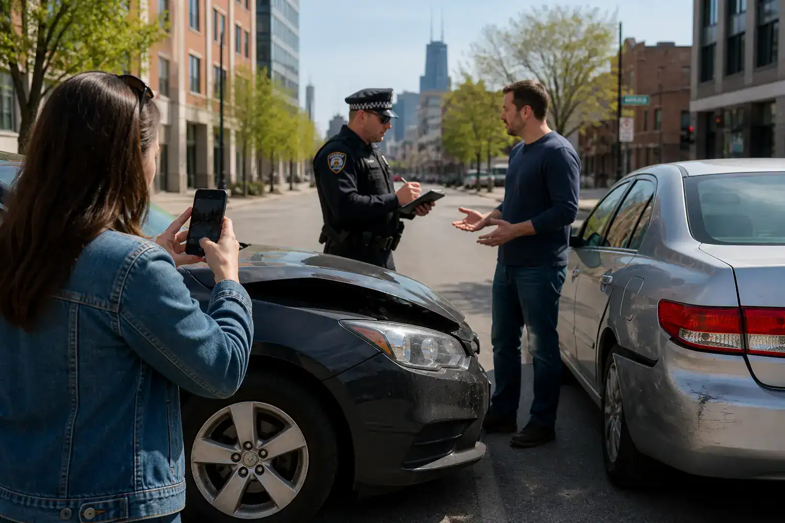 Driver documenting vehicle damage after a minor Illinois accident involving disputed fault.