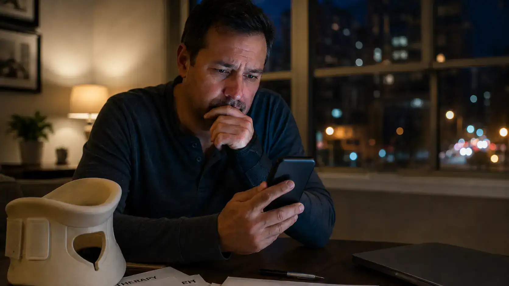 Injured Illinois accident victim looking at a phone while reviewing medical and insurance paperwork.