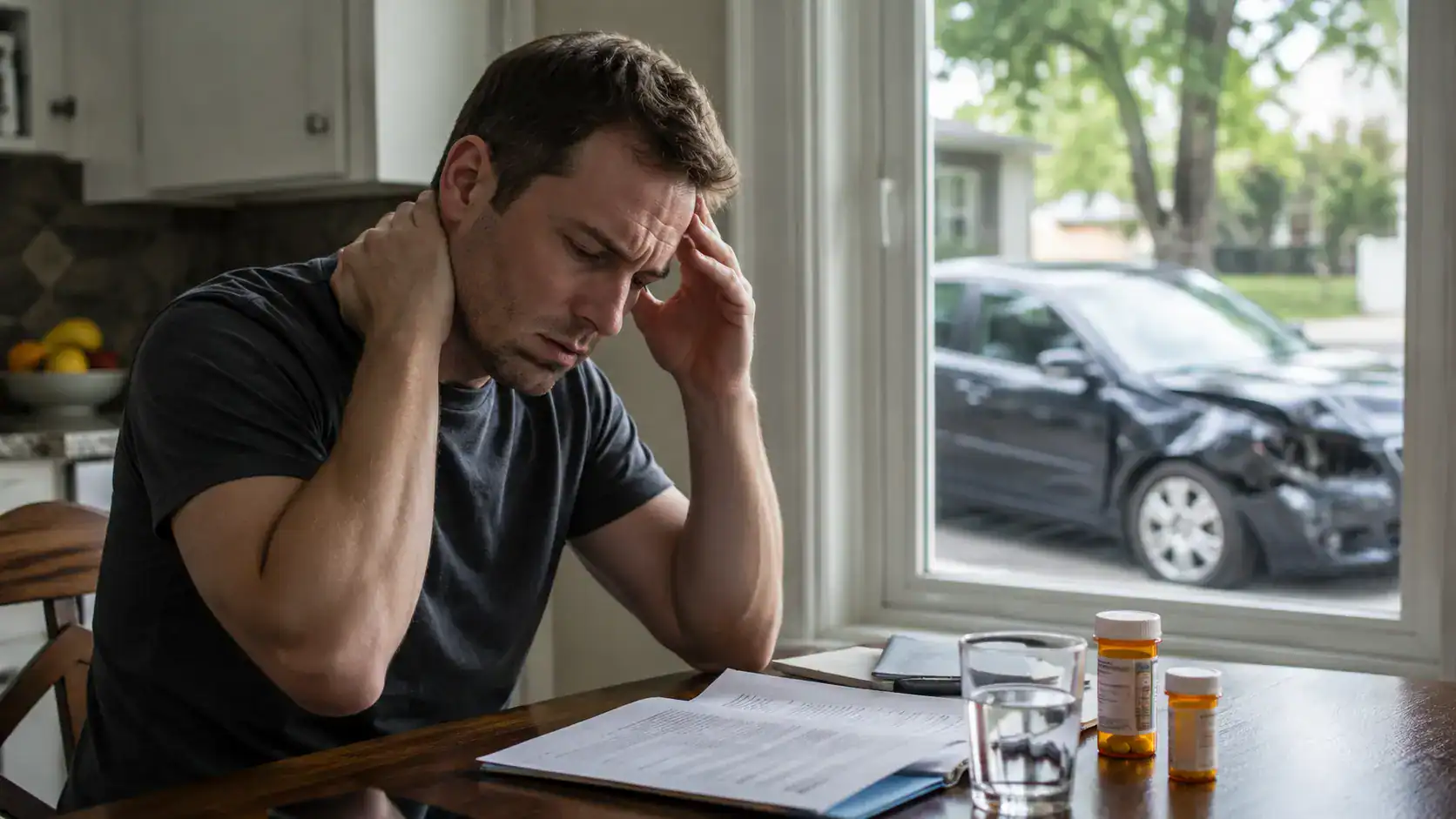 Man with delayed neck pain and headaches reviewing accident paperwork at home after a car accident in Illinois.