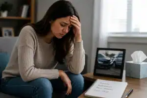 Distressed woman sitting at home after an Illinois car accident with notes about anxiety, nightmares, panic attacks, and sleep problems.