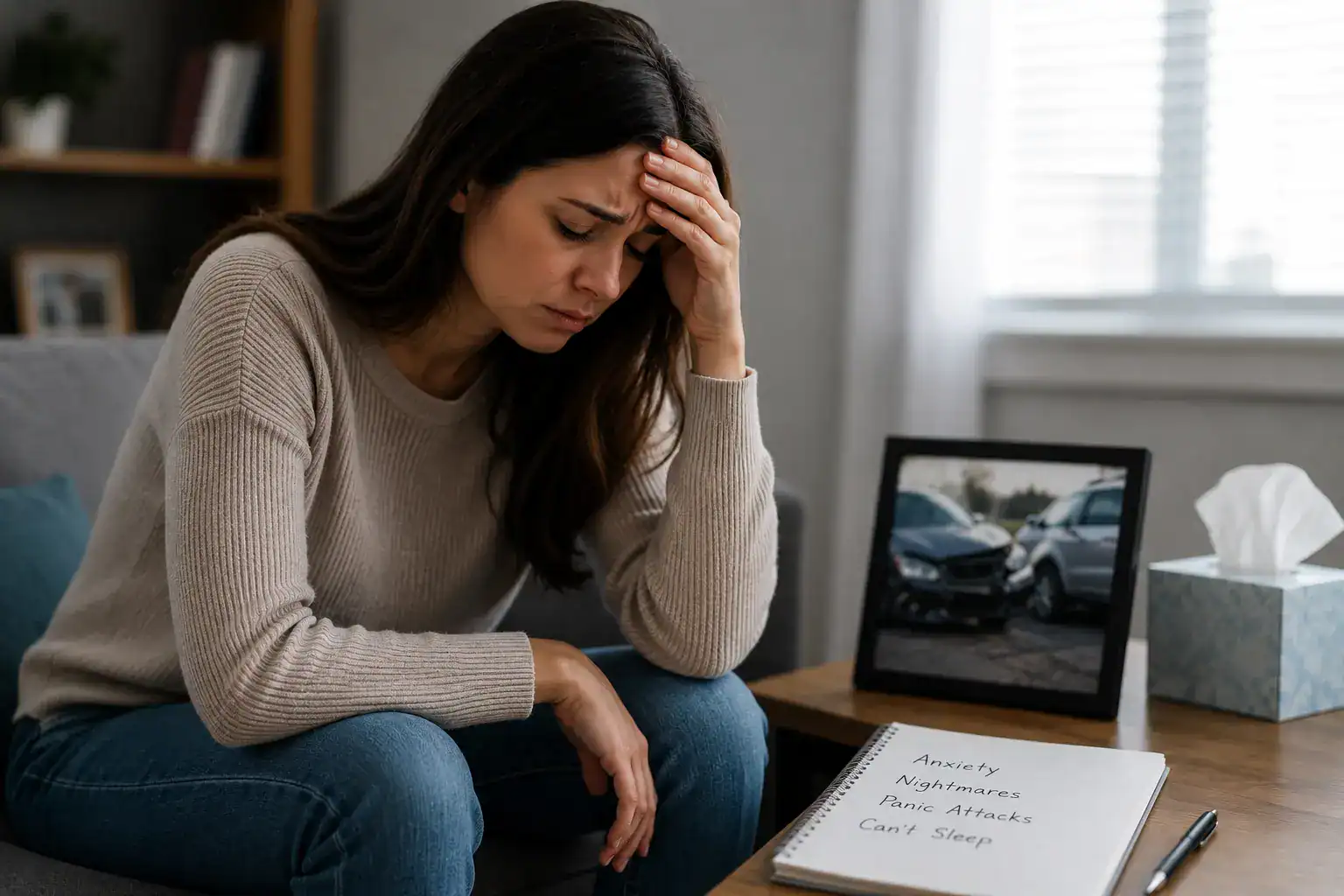 Distressed woman sitting at home after an Illinois car accident with notes about anxiety, nightmares, panic attacks, and sleep problems.