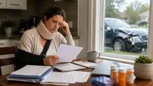 Injured woman reviewing medical bills and future treatment paperwork at home after a car accident in Illinois.