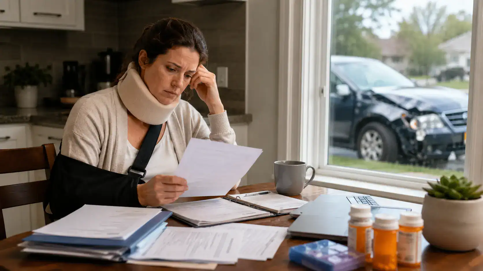 Injured woman reviewing medical bills and future treatment paperwork at home after a car accident in Illinois.