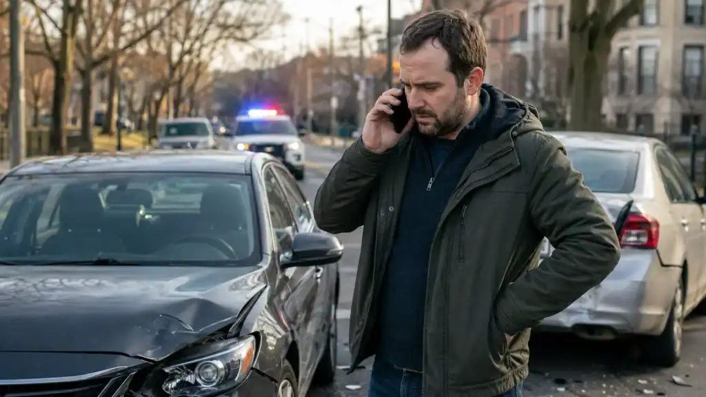 Concerned driver on the phone with an insurance adjuster after a car accident in Illinois with damaged vehicles nearby.