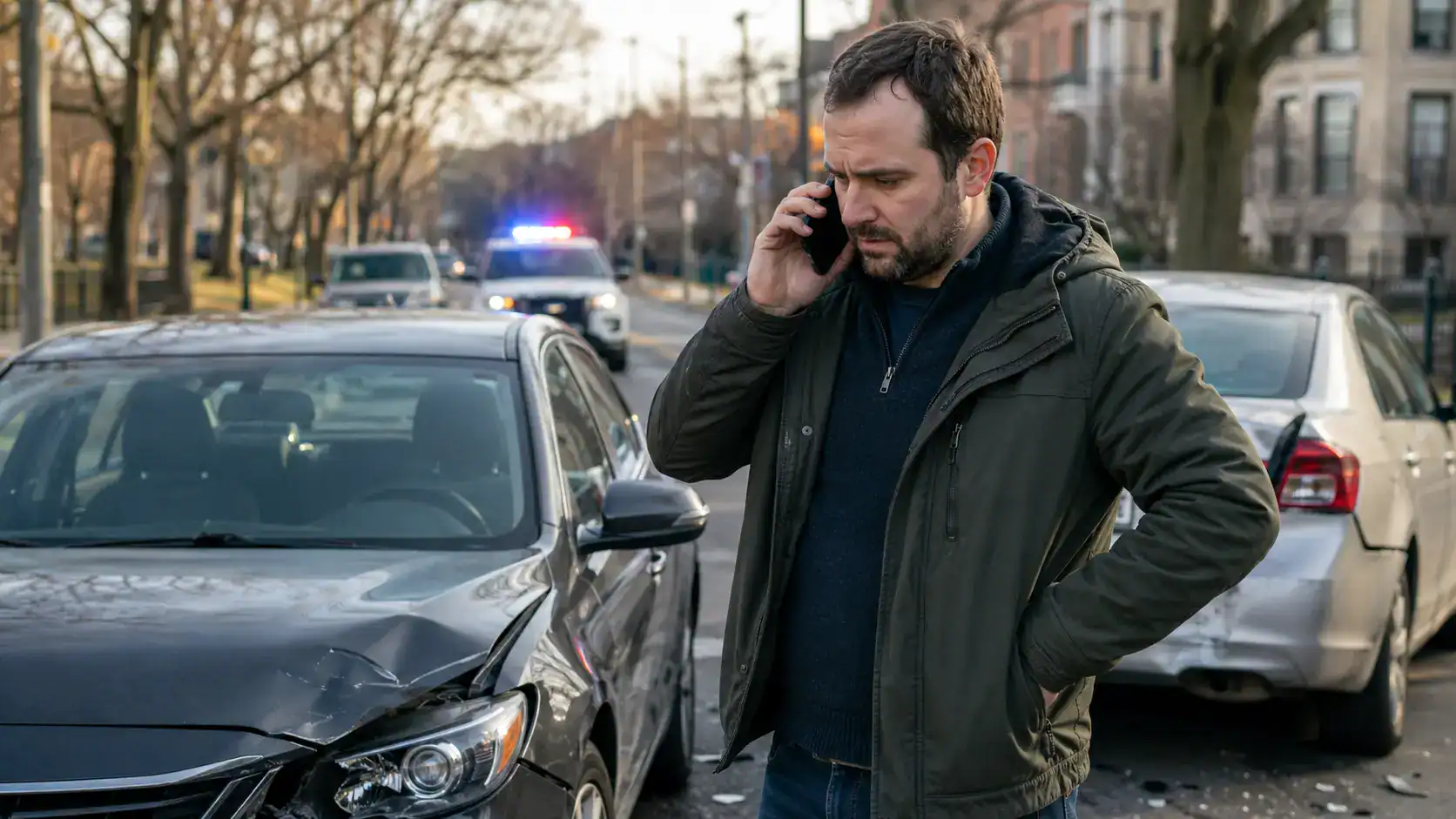 Concerned driver on the phone with an insurance adjuster after a car accident in Illinois with damaged vehicles nearby.