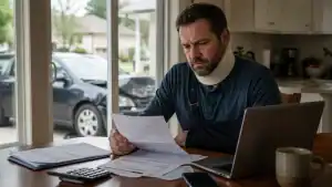 Injured man reviewing bills and wage documents at home after a car accident in Illinois affected his ability to work.