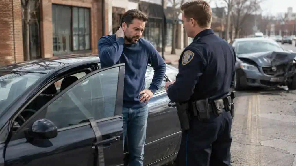 Injured driver speaking with a police officer after an Illinois car accident with an unused seat belt visible in the vehicle.