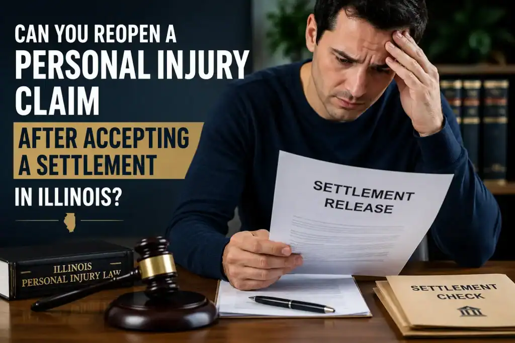 Stressed man reviewing a settlement release document while wondering if he can reopen a personal injury claim in Illinois.