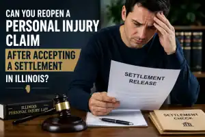 Stressed man reviewing a settlement release document while wondering if he can reopen a personal injury claim in Illinois.