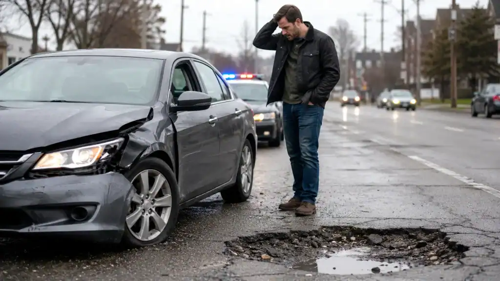 Driver standing near a damaged car after hitting a large pothole on a wet Illinois road with police lights in the background.