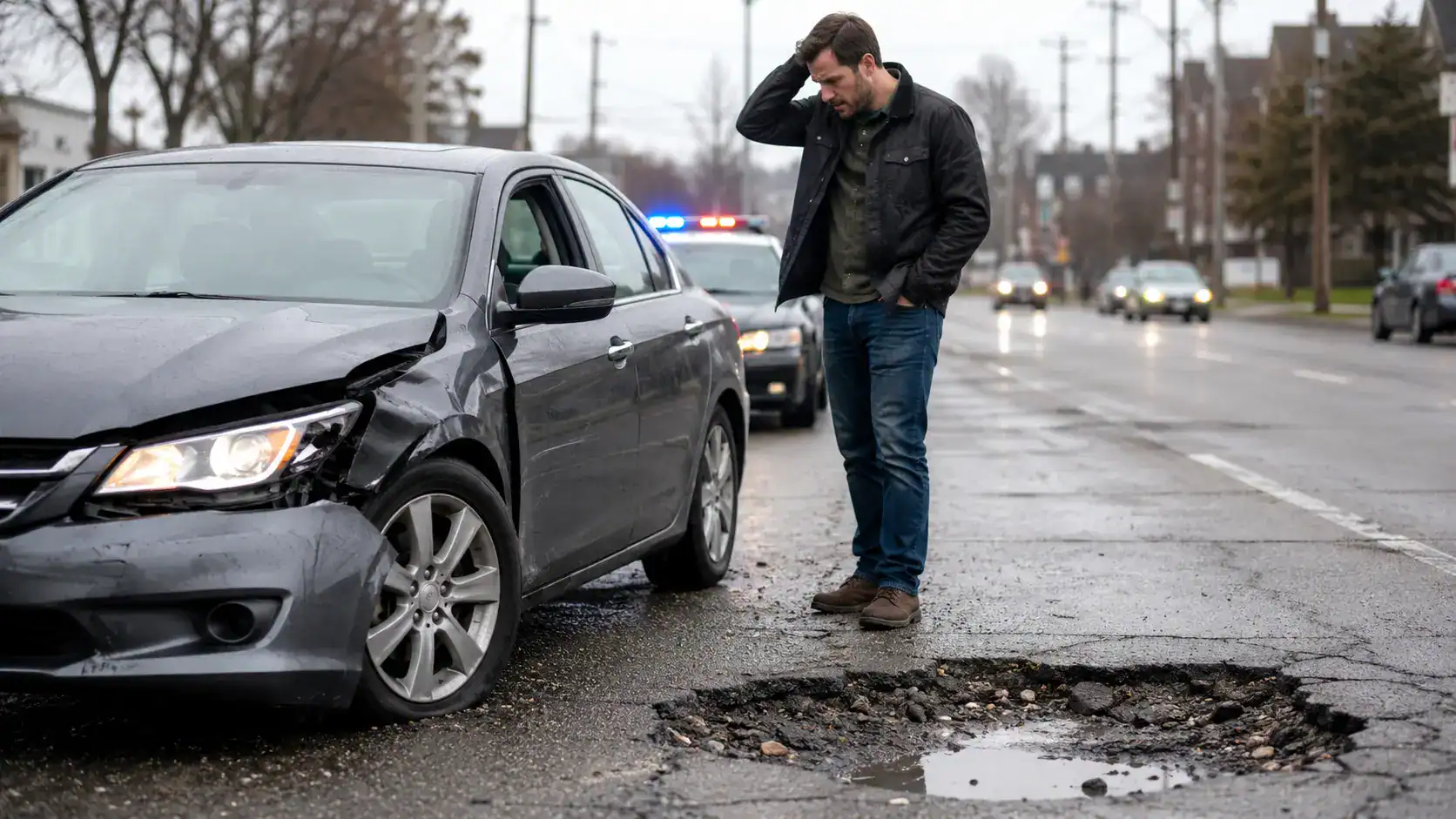 Driver standing near a damaged car after hitting a large pothole on a wet Illinois road with police lights in the background.