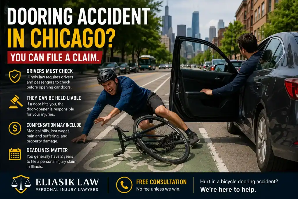 Cyclist falling after hitting an open car door in a Chicago bike lane during a bicycle dooring accident.