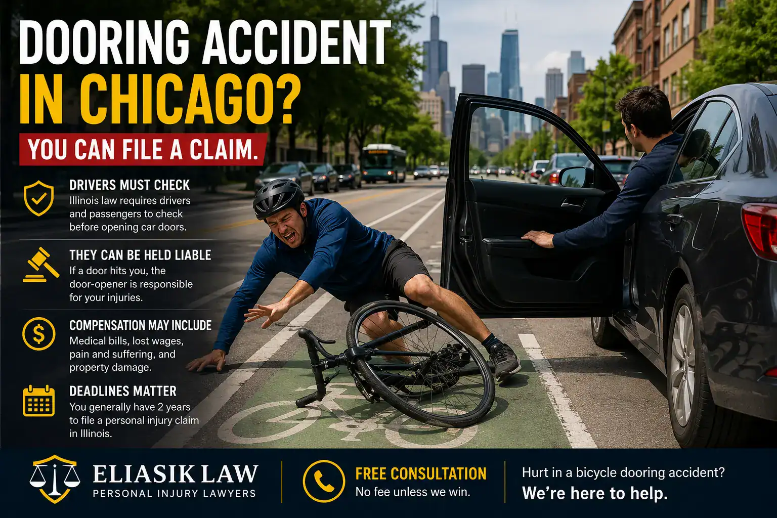 Cyclist falling after hitting an open car door in a Chicago bike lane during a bicycle dooring accident.