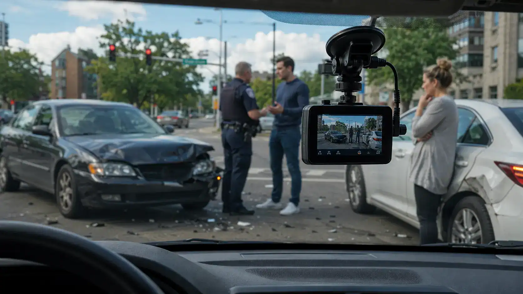 Dashcam recording the aftermath of an Illinois car accident with damaged vehicles, a police officer, and drivers at the scene.