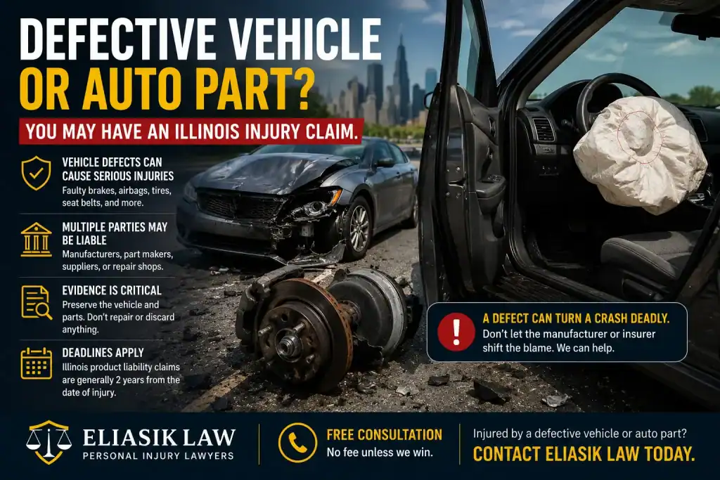 Damaged car with deployed airbag and broken auto parts after a crash caused by a defective vehicle component in Illinois.