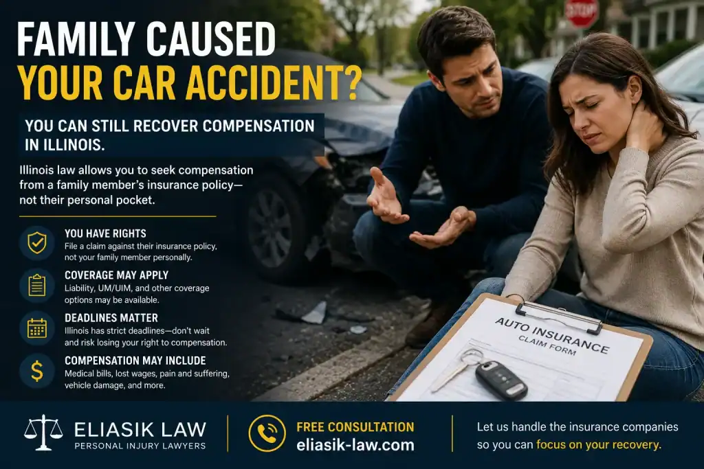 Injured woman with neck pain after a car accident caused by a family member in Illinois, with damaged vehicles and insurance claim paperwork nearby.