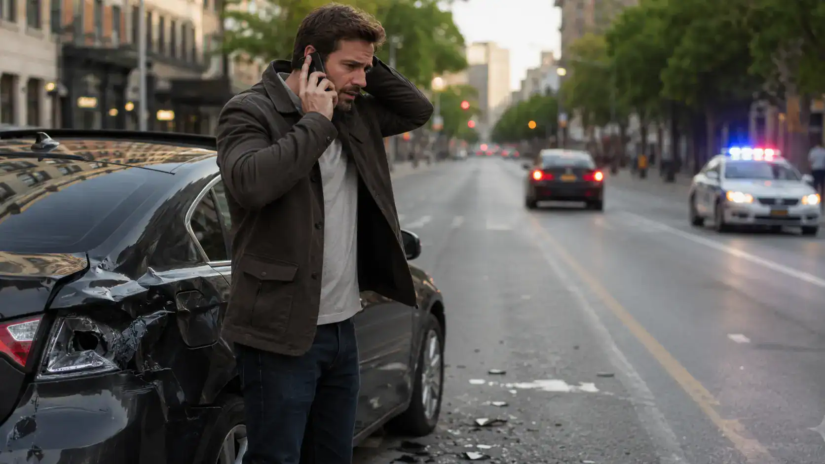 Man calling for help beside a damaged car after a hit-and-run accident on an Illinois city street.