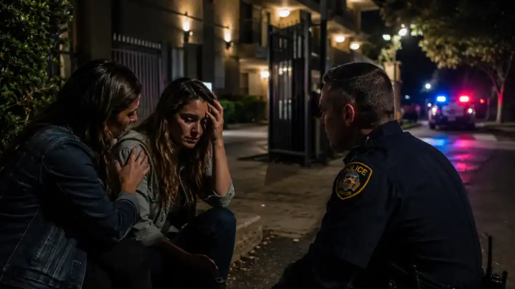Distressed assault victim speaking with a police officer outside an apartment building at night after a possible inadequate security incident in Illinois.