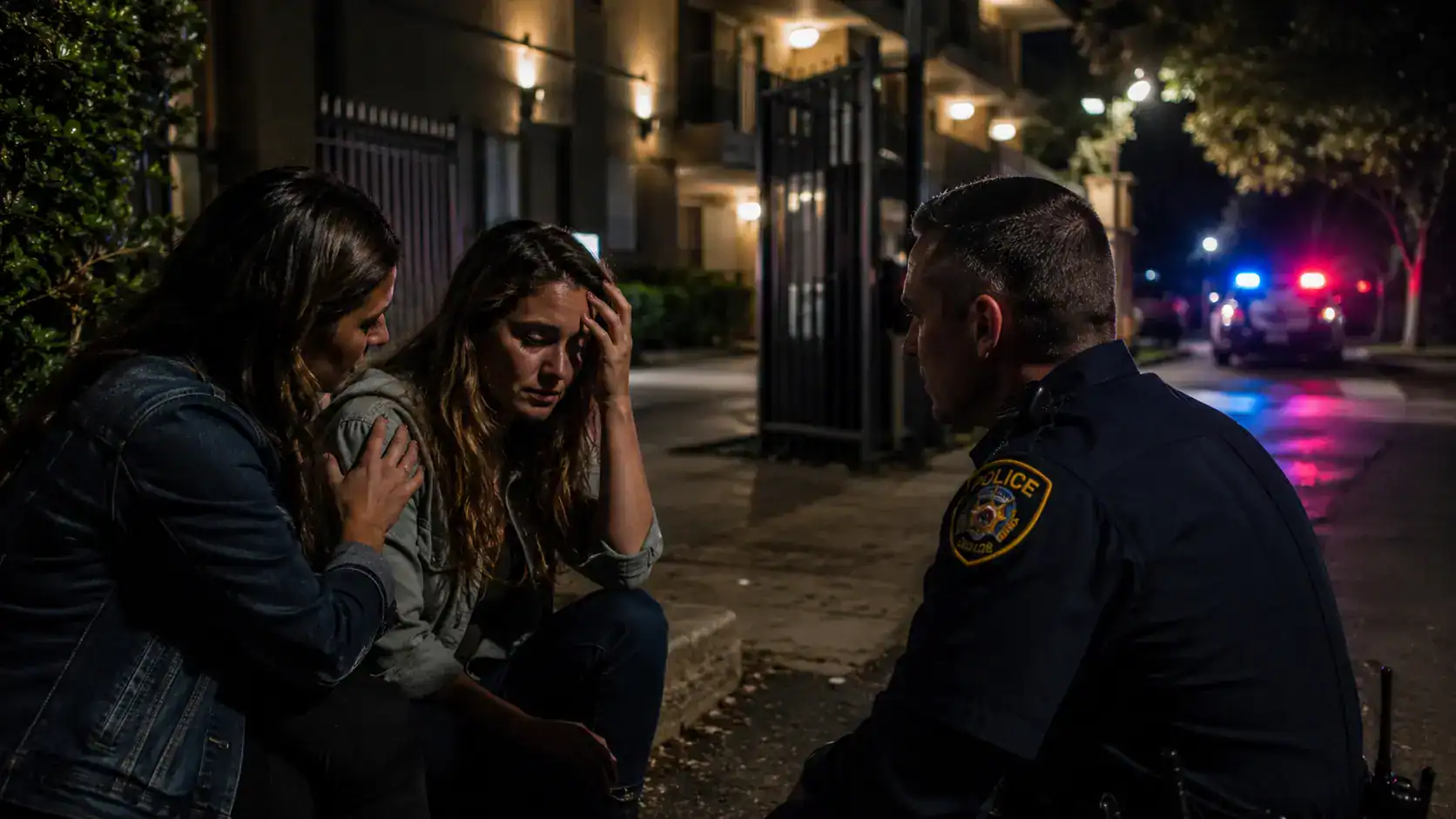 Distressed assault victim speaking with a police officer outside an apartment building at night after a possible inadequate security incident in Illinois.