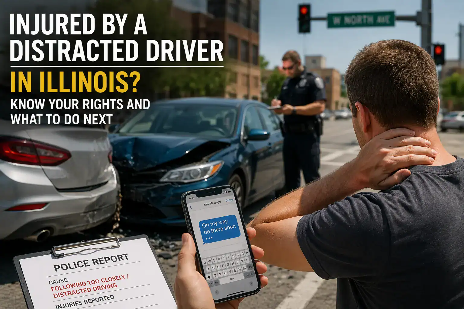 Injured man holding his neck after a distracted driving crash in Illinois with damaged vehicles, a police officer, and a phone showing a text message.
