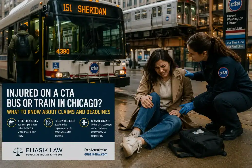 Injured woman receiving help near a CTA bus and train station in Chicago after a public transit accident.