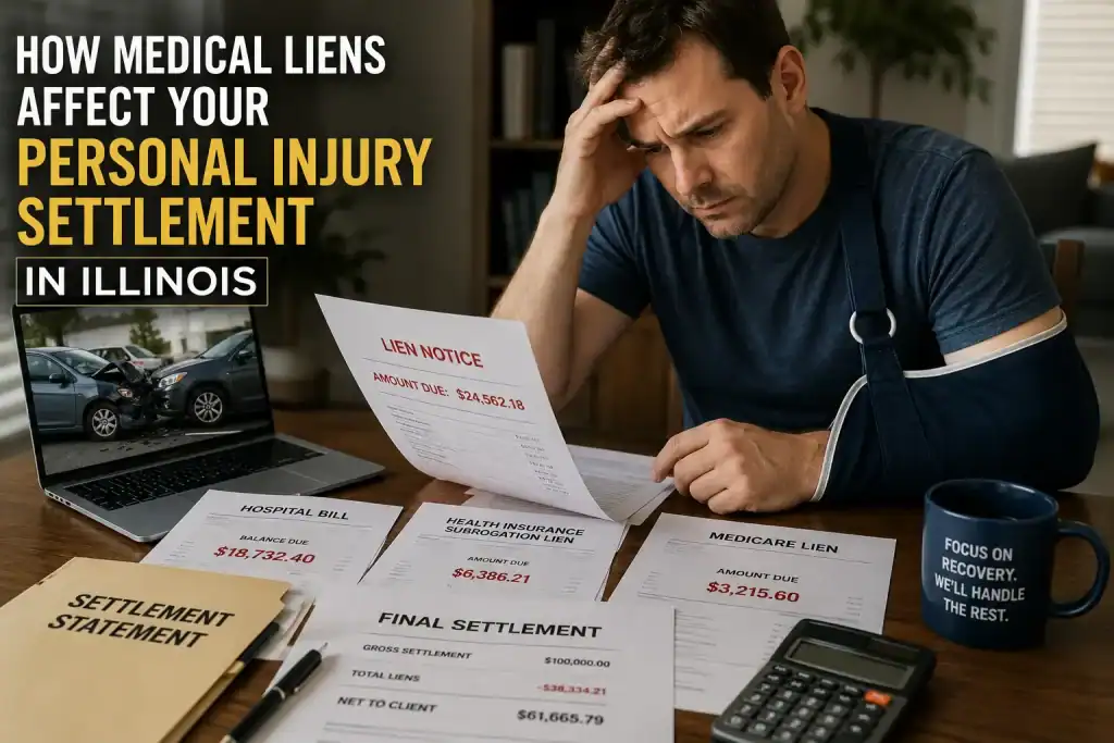 Injured man reviewing medical bills, lien paperwork, and settlement documents after an Illinois car accident.
