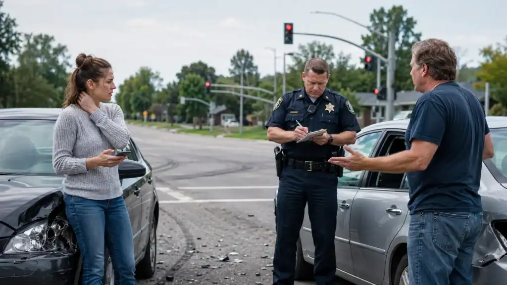 Two drivers giving conflicting stories to a police officer after a car accident at an Illinois intersection.
