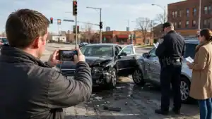 Man taking photos of damaged vehicles after an Illinois car accident while a police officer documents the crash scene.