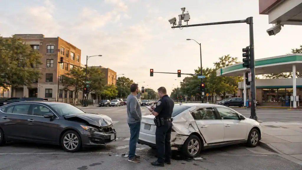 Car accident at an Illinois intersection with traffic cameras and nearby business surveillance cameras that may help prove fault.