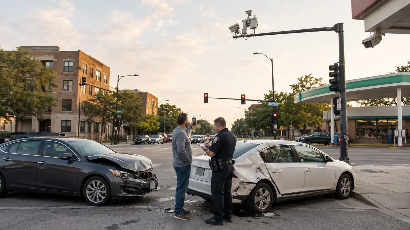Car accident at an Illinois intersection with traffic cameras and nearby business surveillance cameras that may help prove fault.