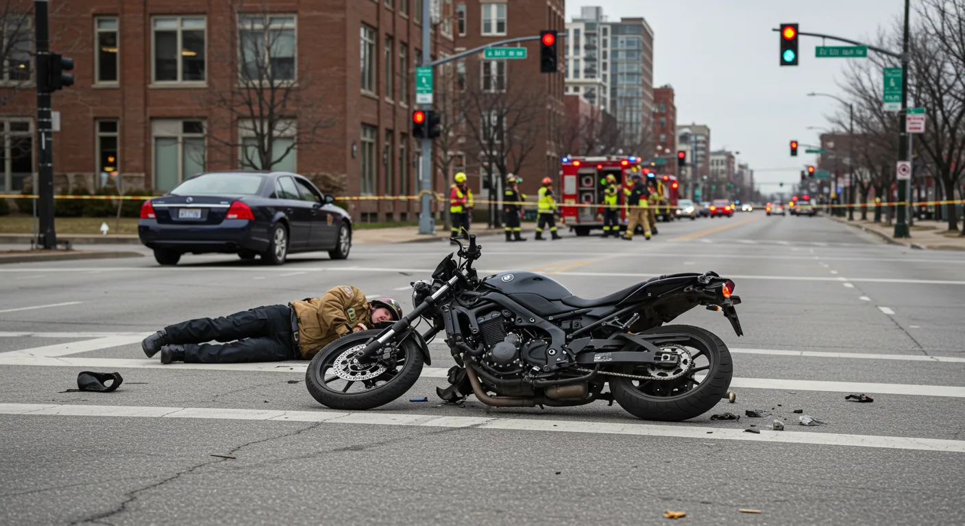 Motorcycle involved in a collision at an urban intersection