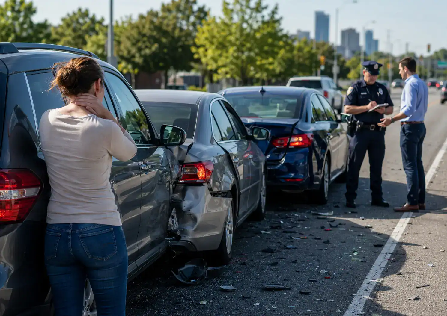 Woman holding her neck after a chain-reaction car accident in Illinois involving multiple damaged vehicles and a police officer documenting the scene.