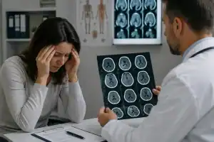 Woman with concussion symptoms discussing a normal CT brain scan with a doctor after an accident