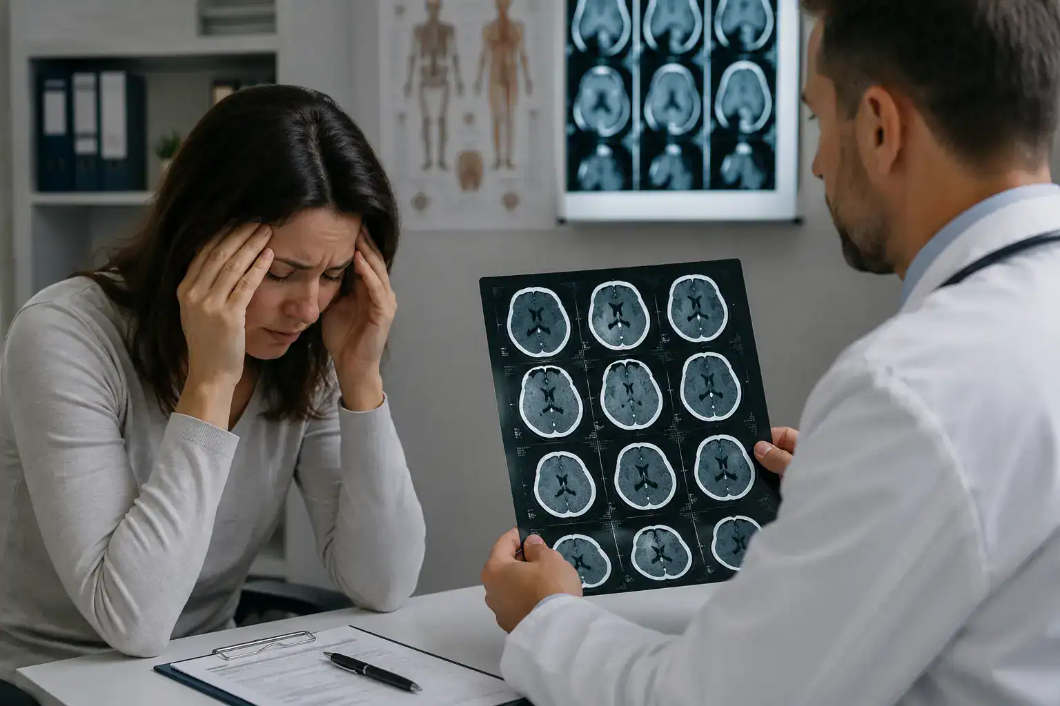 Woman with concussion symptoms discussing a normal CT brain scan with a doctor after an accident