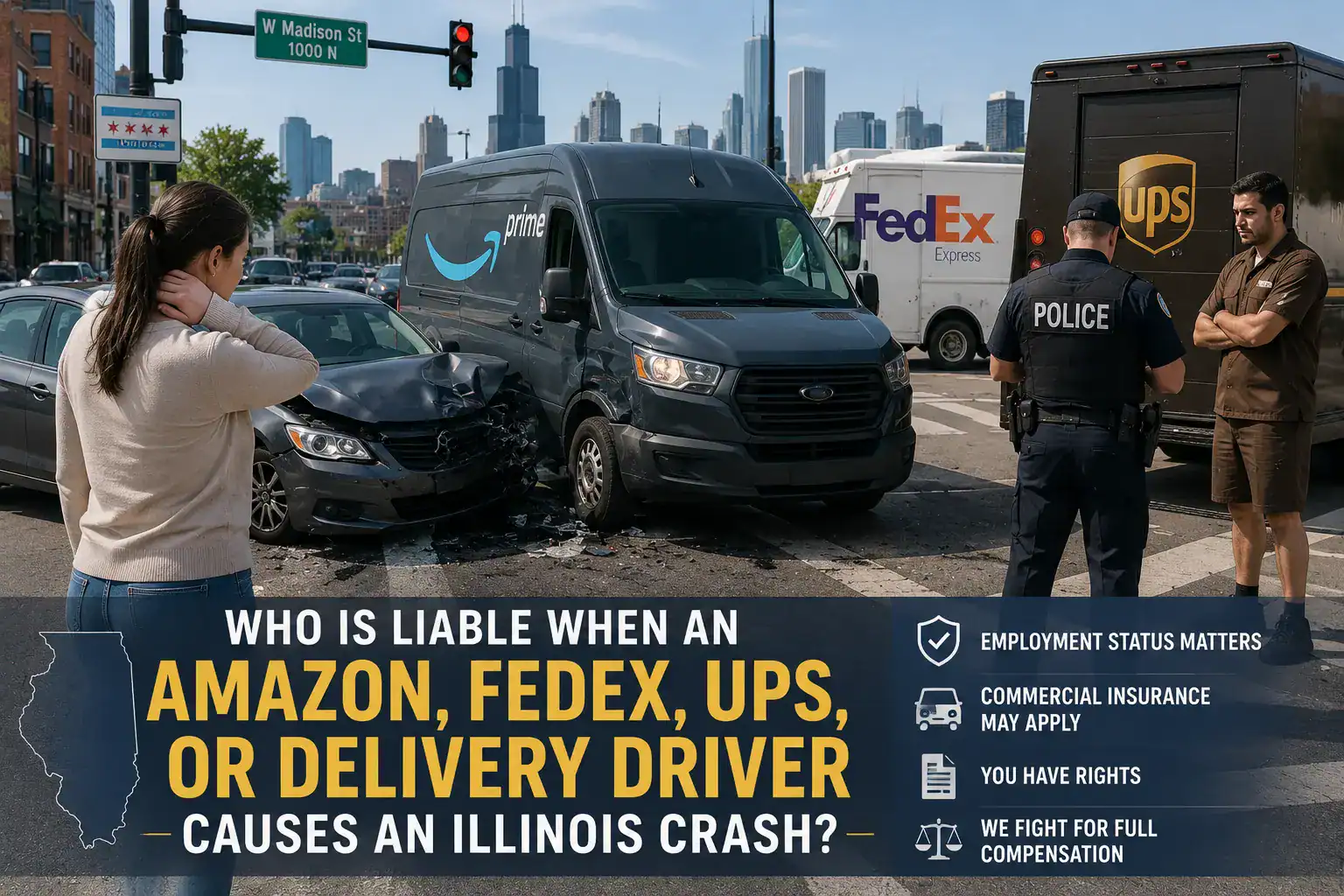 Injured woman holding her neck after an Illinois crash involving Amazon, FedEx, UPS, and delivery vehicles while police document the scene.