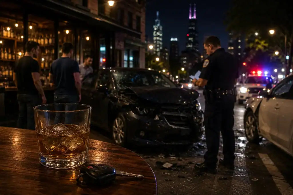 Whiskey glass and car keys outside a Chicago bar with a damaged vehicle and police at the scene of a drunk driving accident in Illinois.